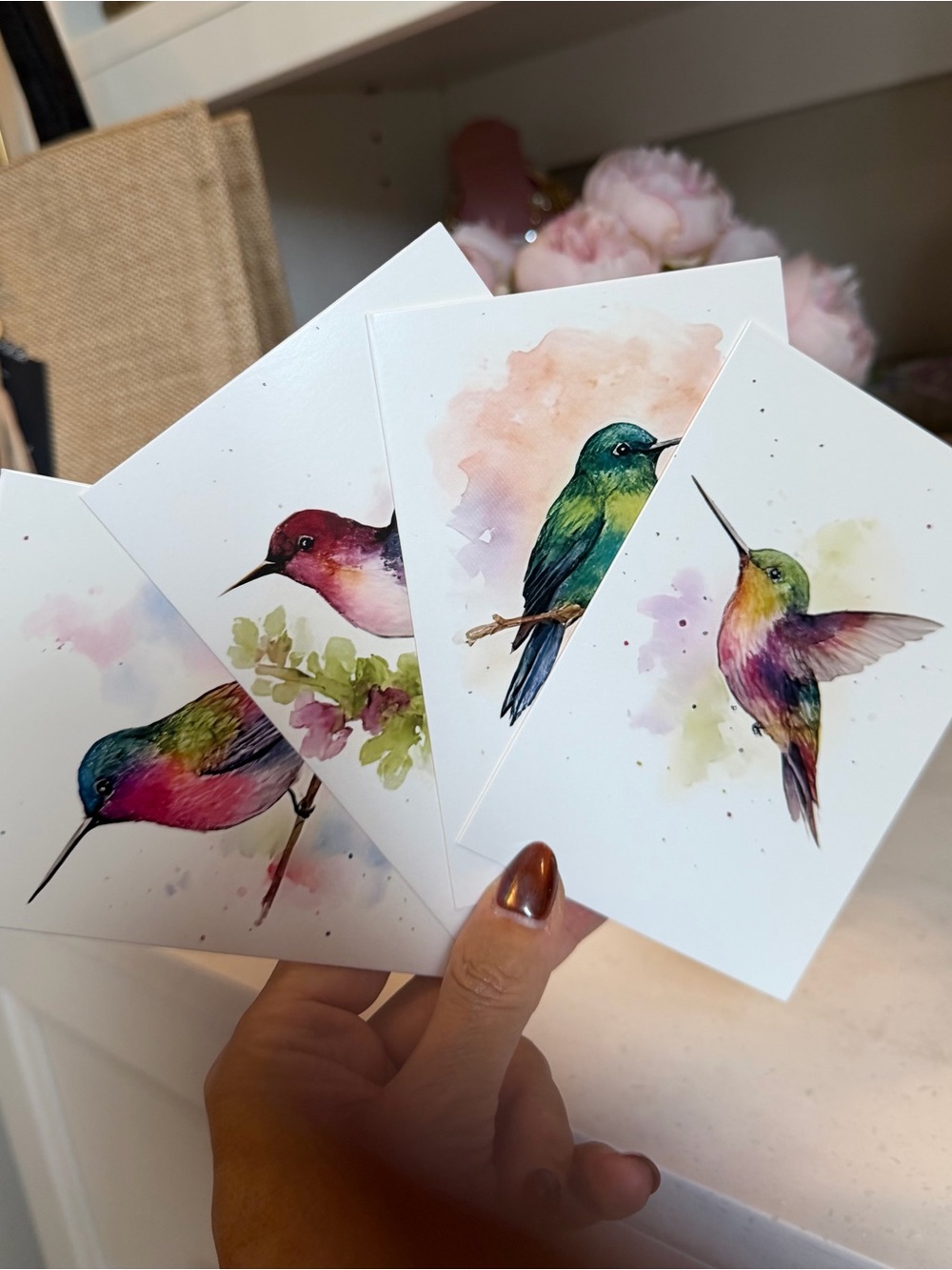 Set of 4 Watercolor Hummingbird notecards + envelopes Pink, Green, Blue, Purple